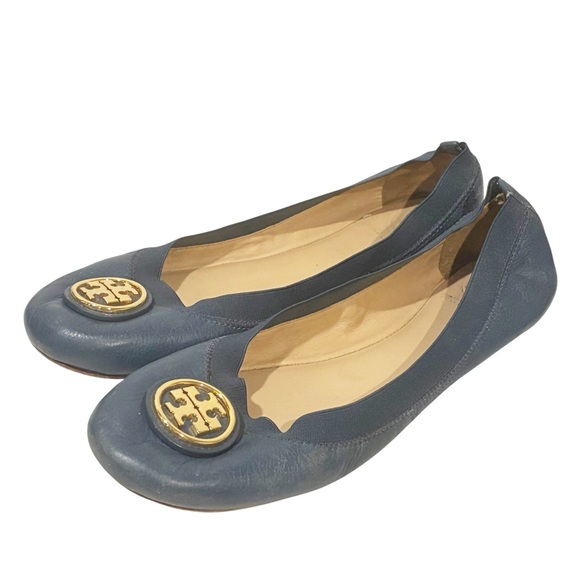 Tory Burch Blue Leather Caroline Flats Gold Hardware Ballet Size 8 - Picture 1 of 8